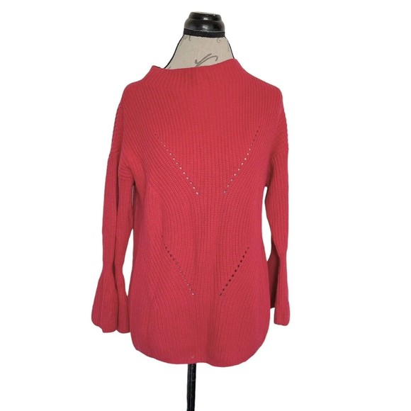 Loft Red Sweater Ribbed High Neckline Mock Chunky Knit Bell Sleeve Size Medium - Picture 4 of 12
